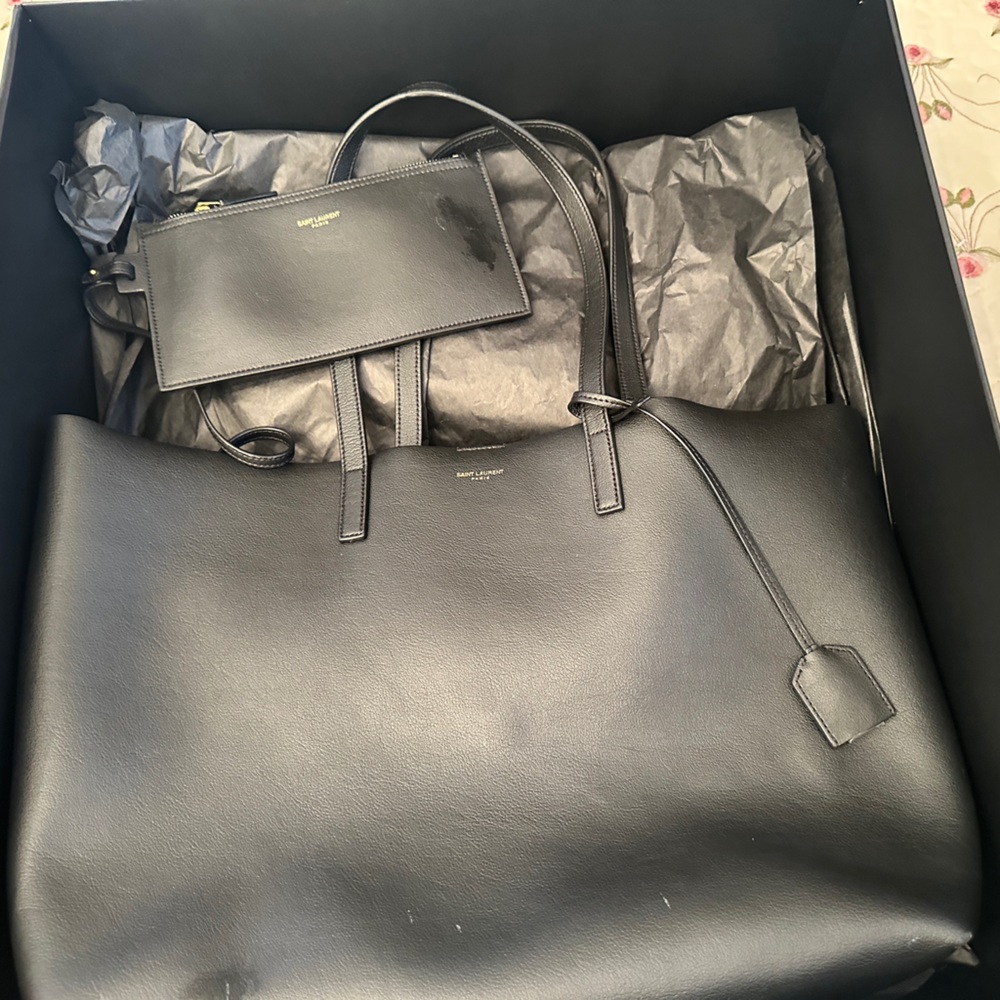 Saint Laurent Black Leather Tote with Pouch